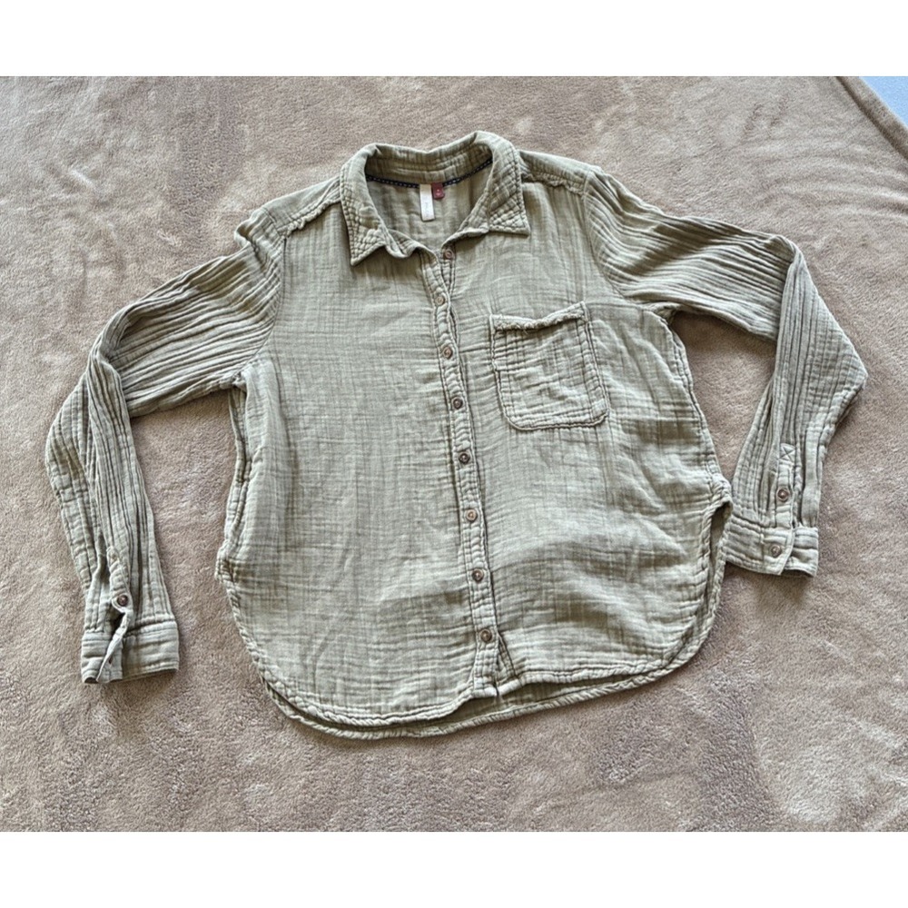 Women's Top Medium Tan Crinkled Textured Button-up‎ Coastal Grandma Granola Boxy